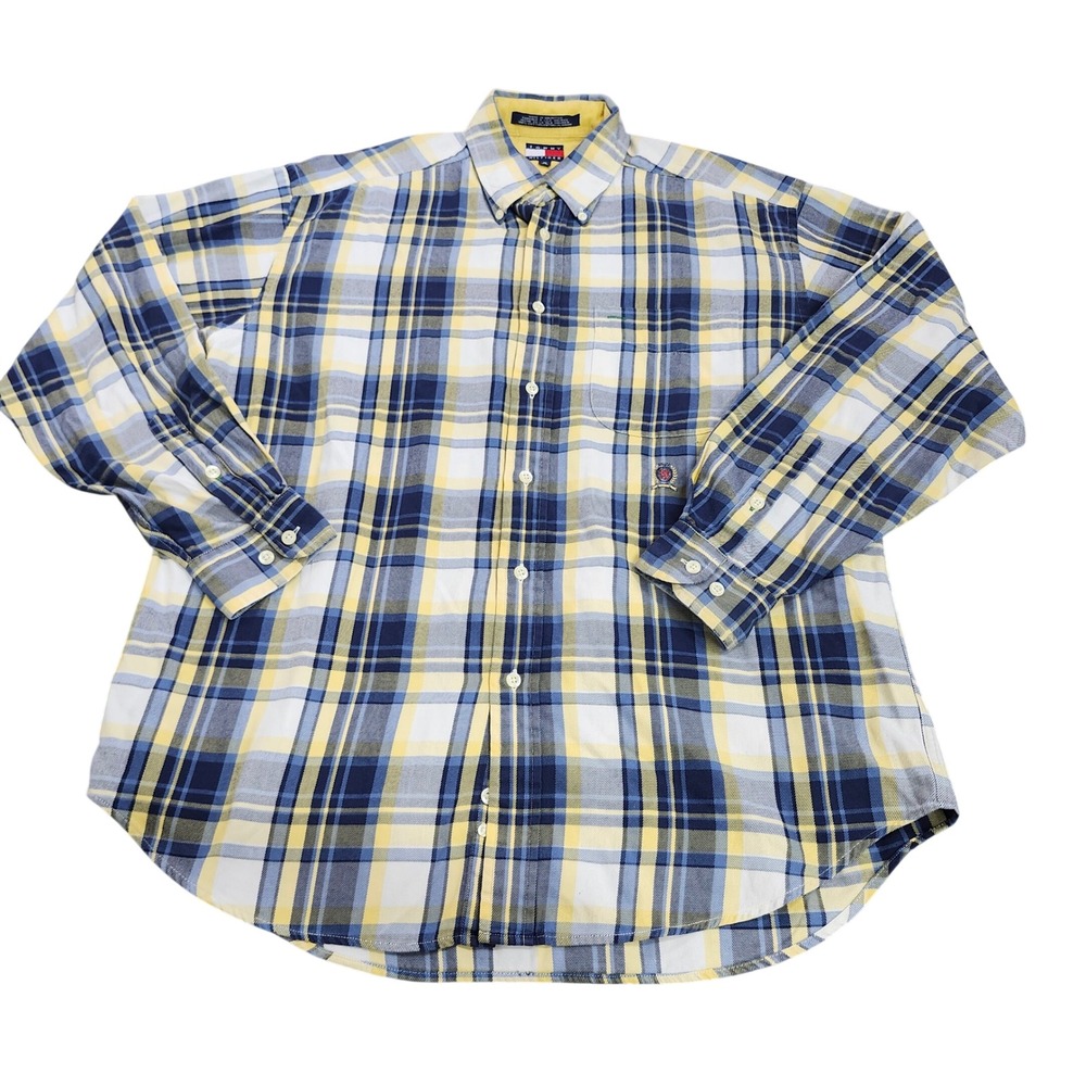 Tommy Hilfiger Shirt Mens Medium Blue Yellow Plaid Button-Down EUC